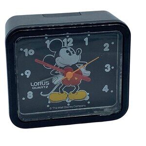 Disney Lorus Quartz Mickey Mouse Alarm Clock Black Plastic Vintage 3”x2.5” WORKS